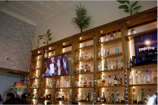 Two TV screens above the counter and the shelves behind are filled with spirits with plants above.